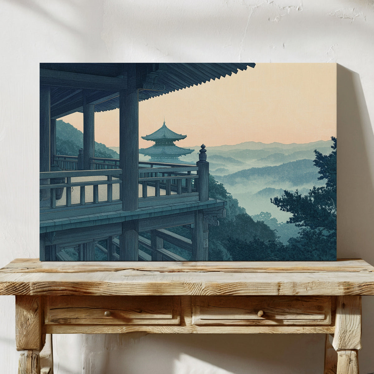 Japanese Temple Balcony – Serene Misty Mountain View Wall Art