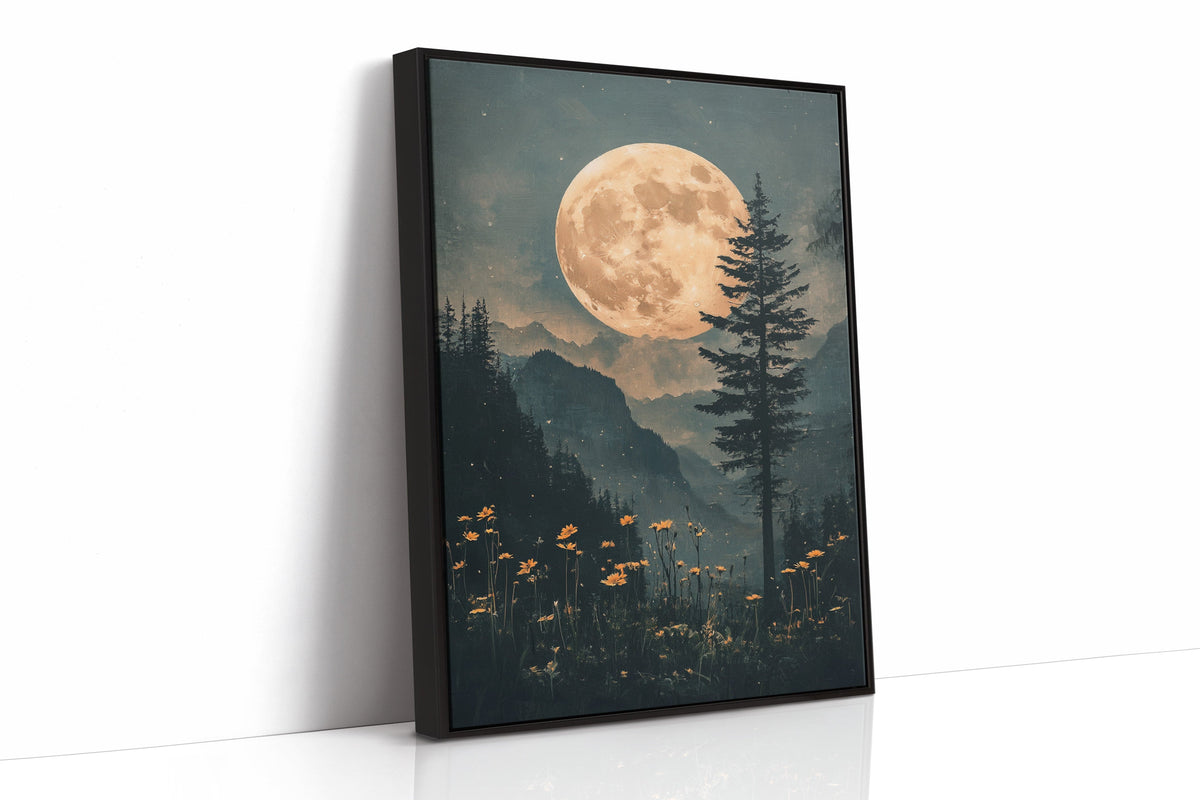 Harvest Moon Forest: Serene Mountain Landscape Canvas Wall Art