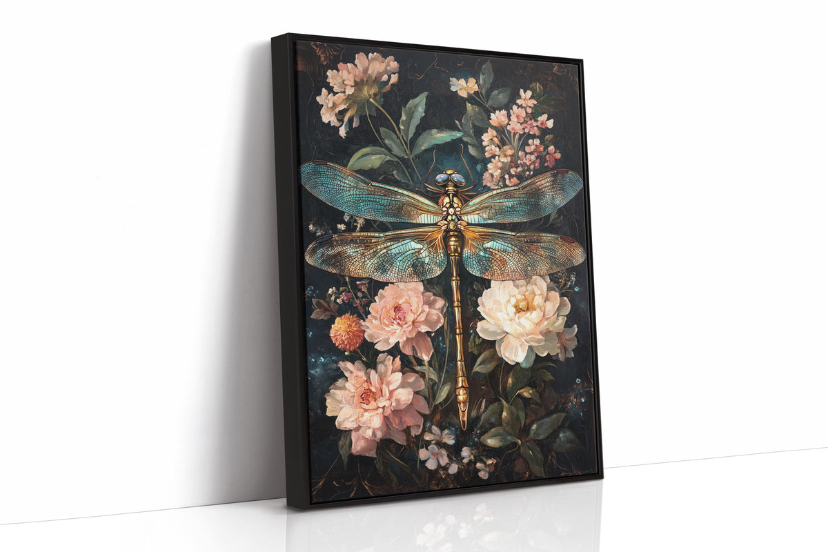 Golden Dragonfly: Dark Floral Baroque Canvas Wall Art