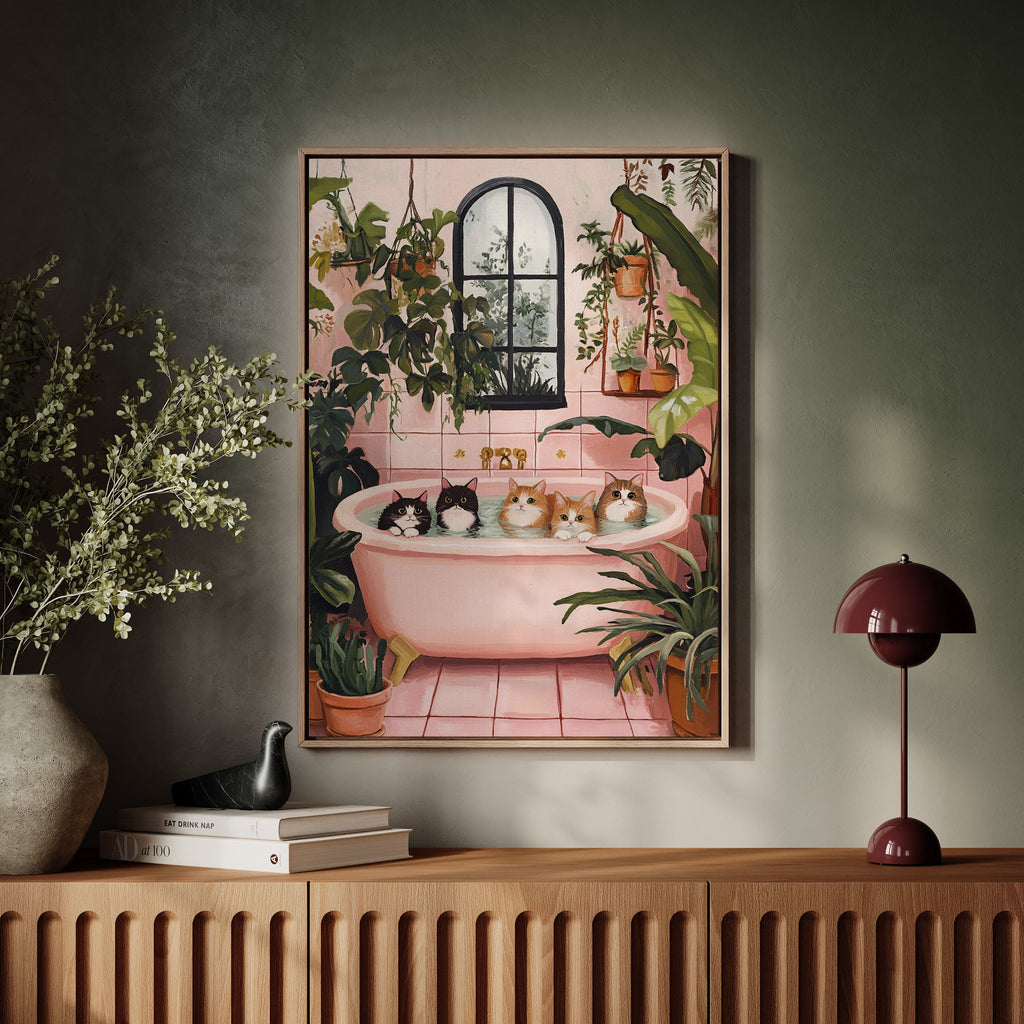 Cat Spa Day – Funny Cat Wall Art, Pink Bathtub Aesthetic, Cozy Home Decor