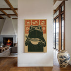 Ramen Frog in Retro Woodblock Style