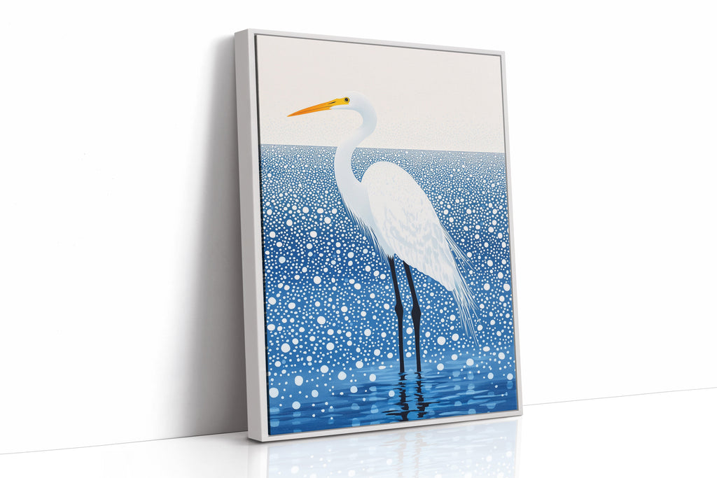 White Egret in Snowfall – Elegant Minimalist Bird Wall Art