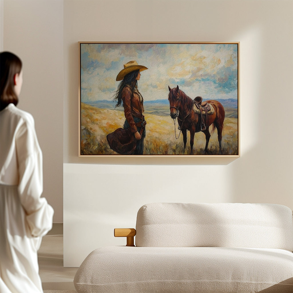 Cowgirl and Her Mustang on the Open Range