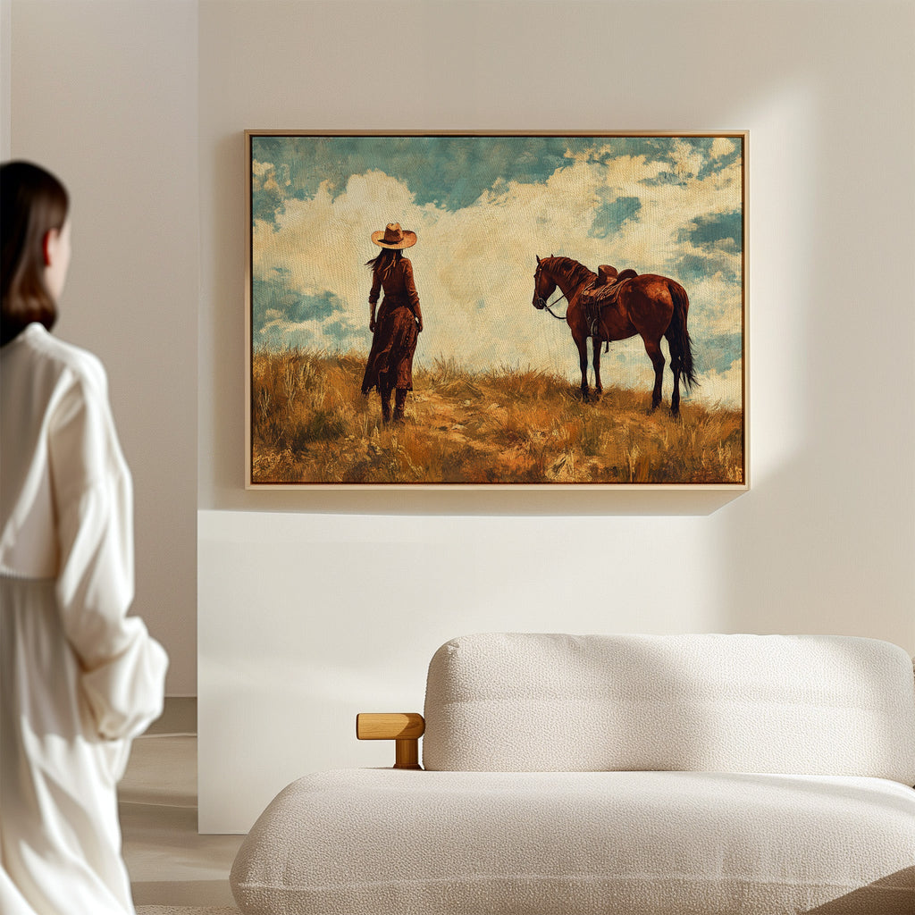 Cowgirl and Horse Under Big Sky