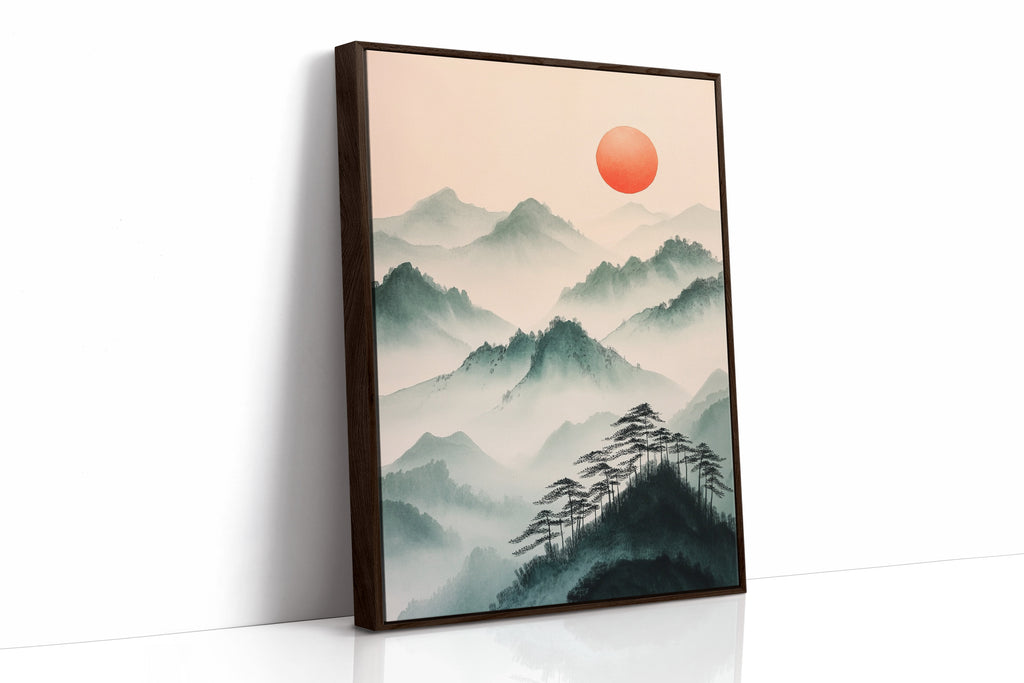Misty Mountain Sunrise – Tranquil Asian-Inspired Landscape Print