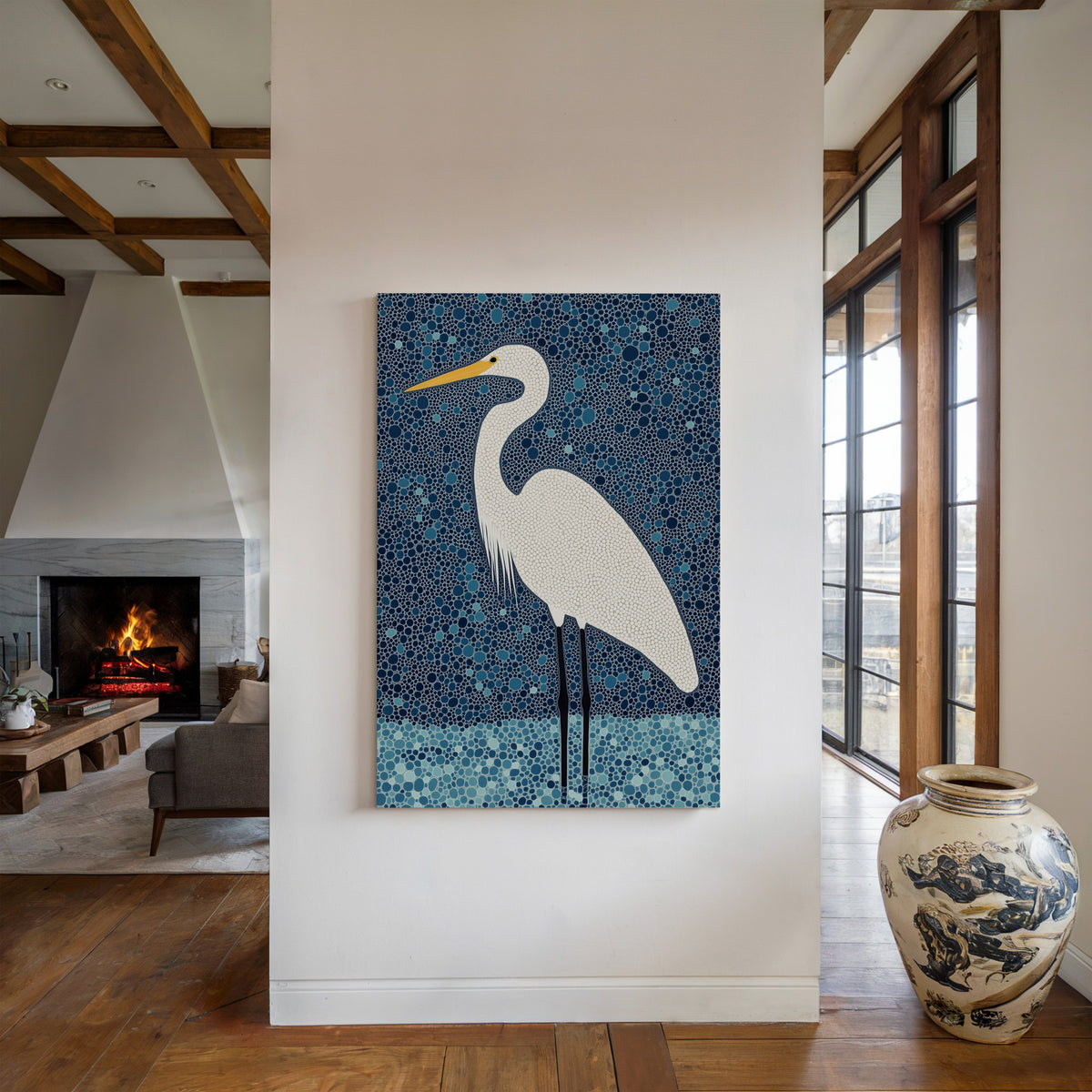 Elegant White Egret – Mosaic-Inspired Bird Wall Art