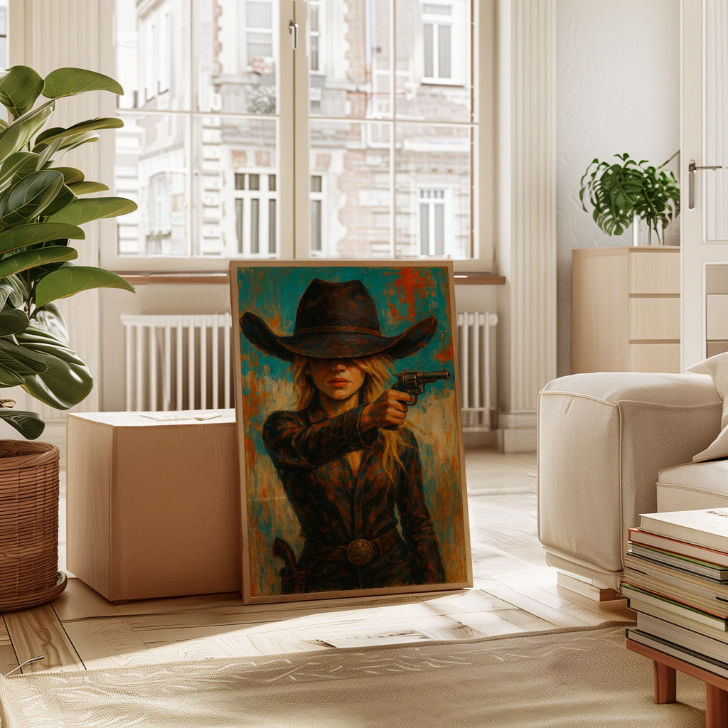 Western Grit: Cowgirl With Revolver Canvas Art