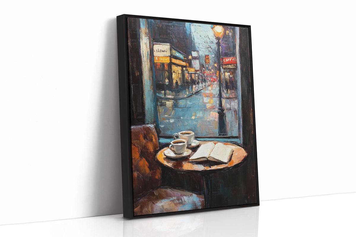 Cozy Rainy Cafe Scene – Atmospheric Coffee Shop Window Wall Art
