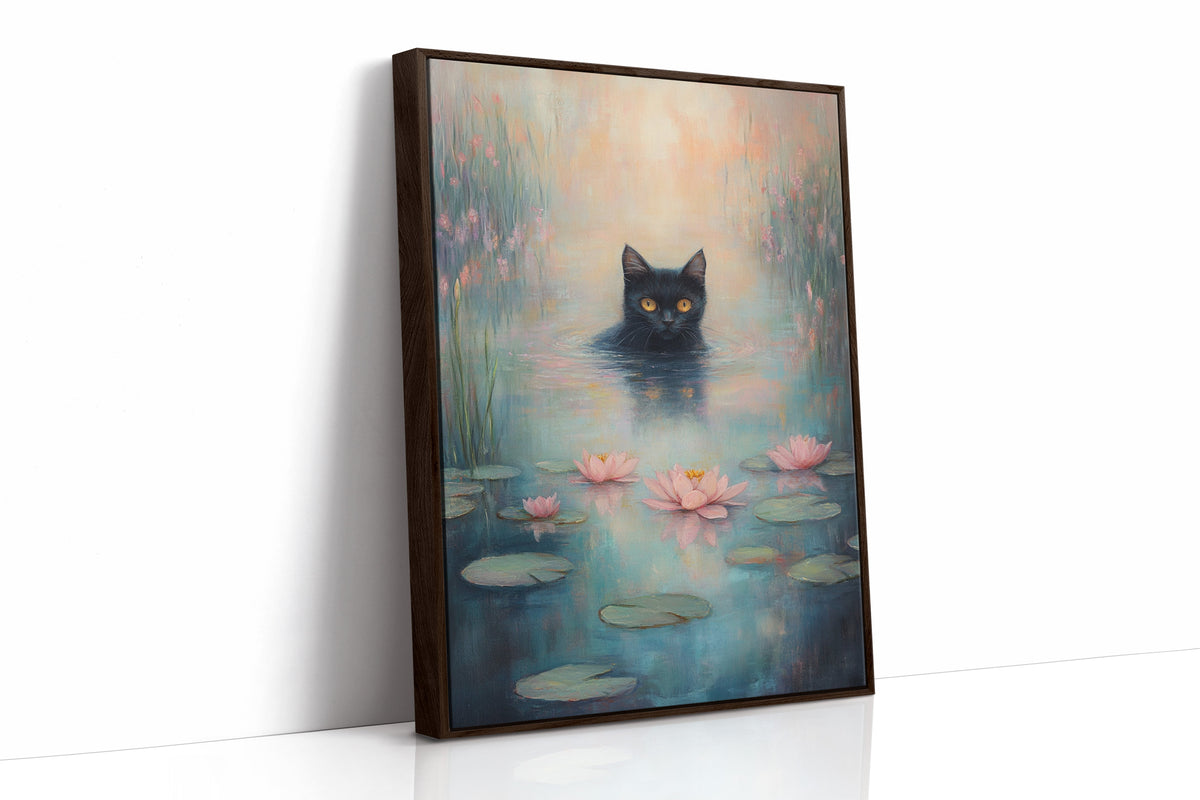 Mystical Black Cat in Water – Dreamy Water Lily Painting
