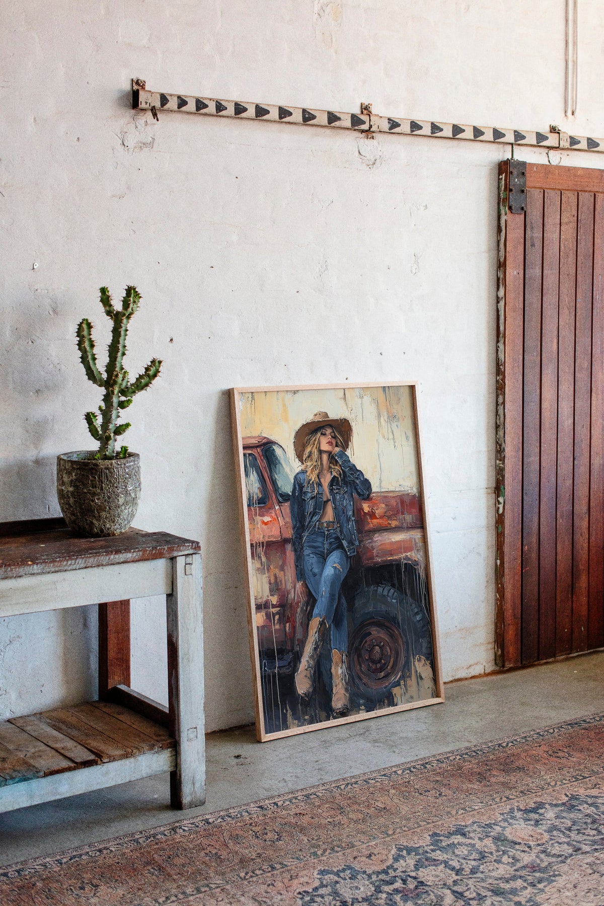 Denim Cowgirl by the Rusted Truck