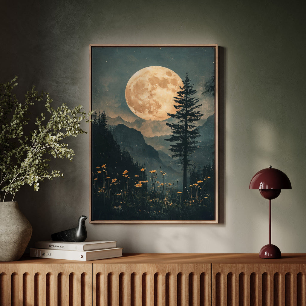 Harvest Moon Forest: Serene Mountain Landscape Canvas Wall Art