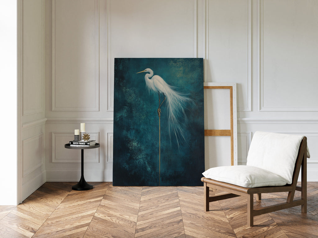 White Egret Wall Art – Elegant Minimalist Bird Print, Coastal Decor