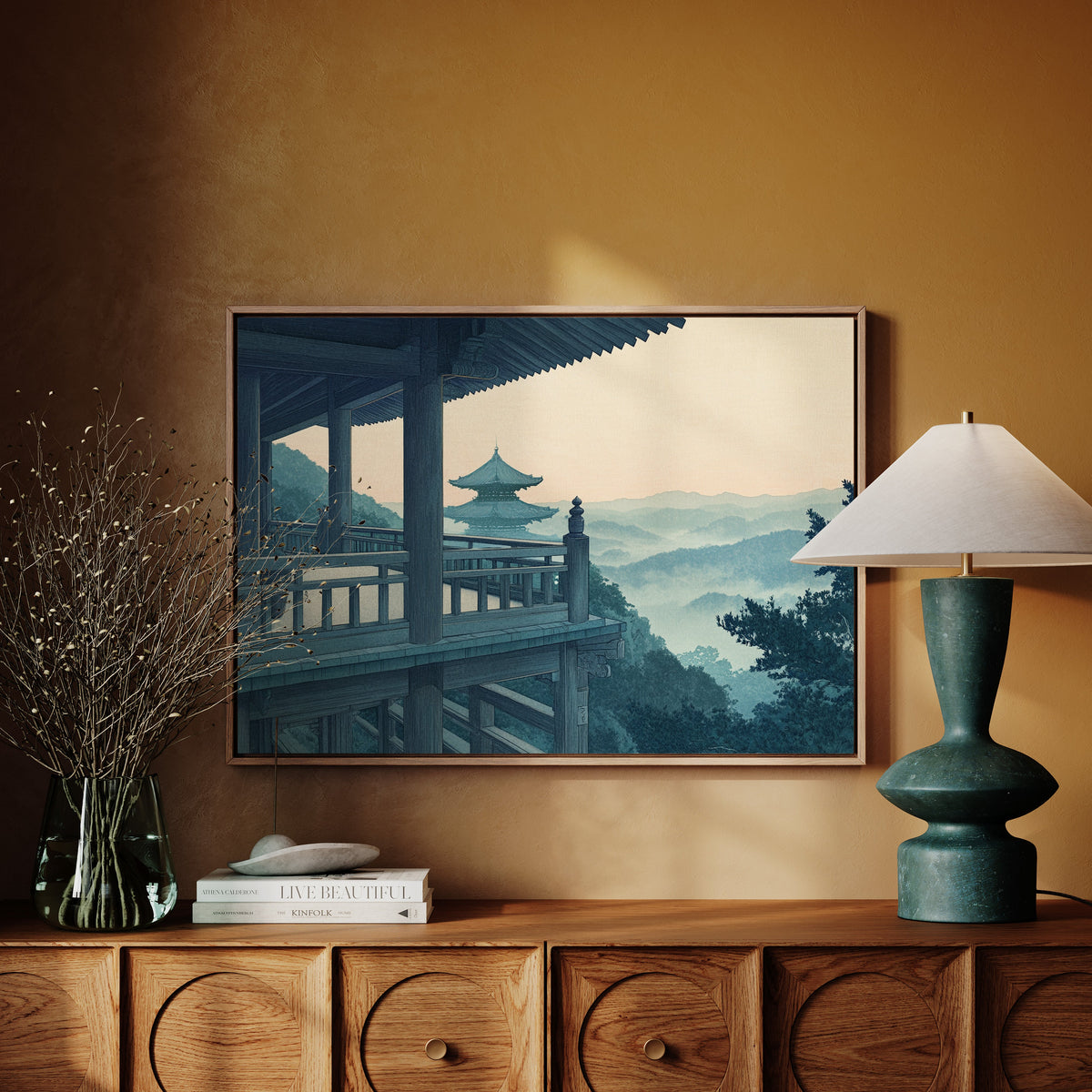 Japanese Temple Balcony – Serene Misty Mountain View Wall Art