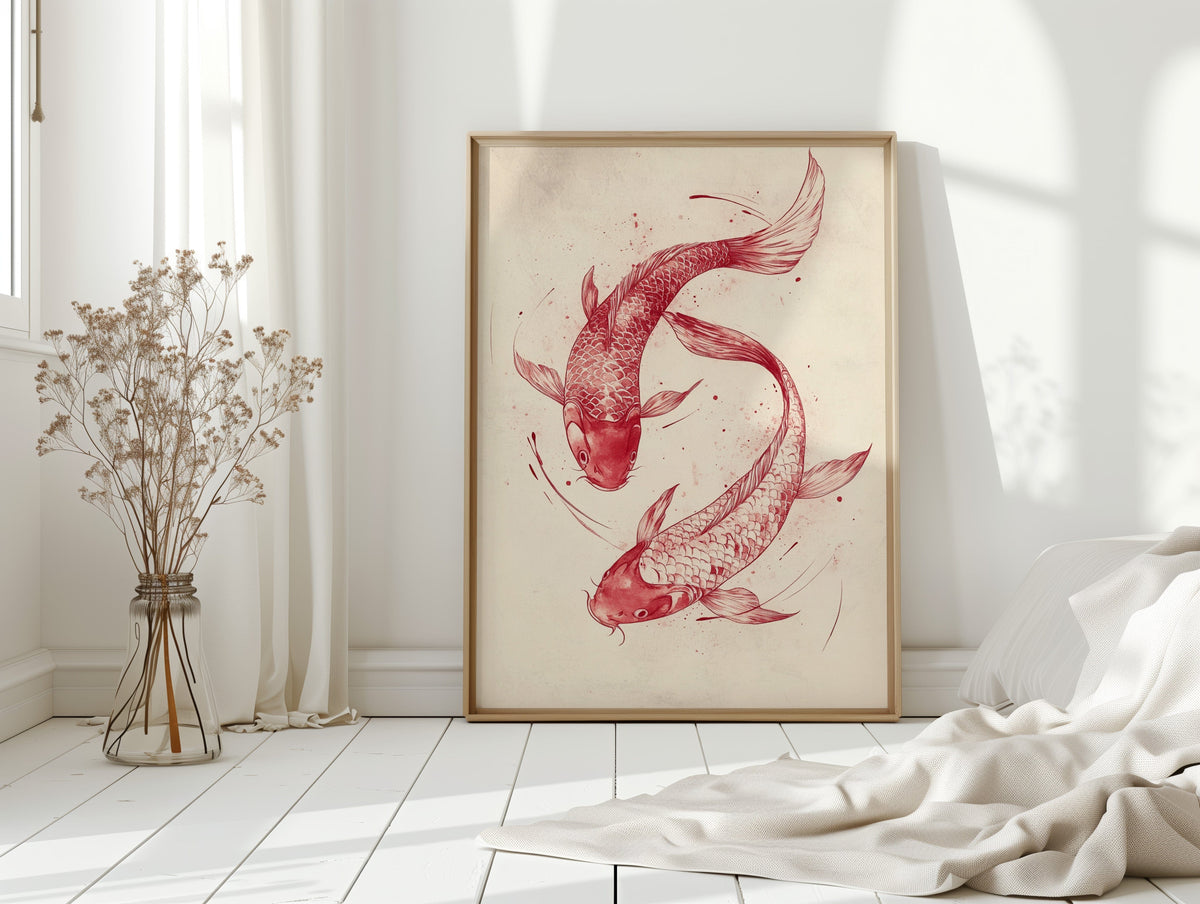 Koi Fish Wall Art – Minimalist Japanese Ink Print, Zen Decor