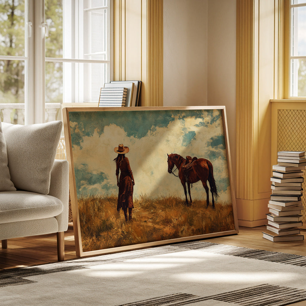 Cowgirl and Horse Under Big Sky