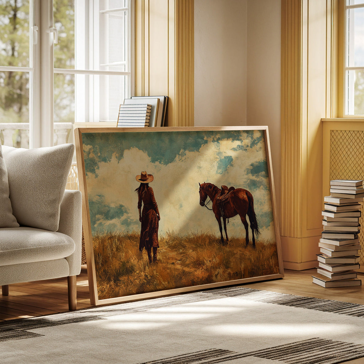 Cowgirl and Horse Under Big Sky