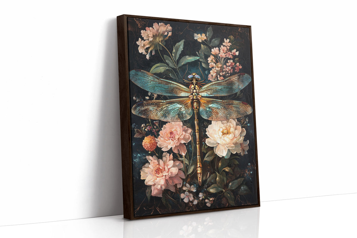 Golden Dragonfly: Dark Floral Baroque Canvas Wall Art