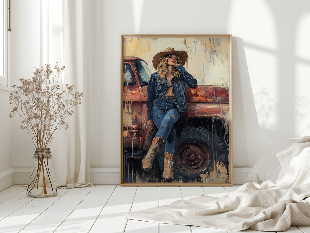 Denim Cowgirl by the Rusted Truck