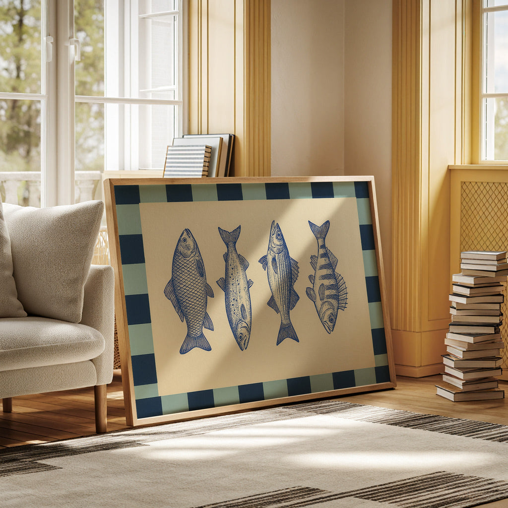Vintage Fish Quartet on Checkerboard Blue