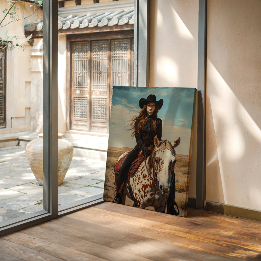 Desert Reins – Cowgirl on Paint Horse Portrait