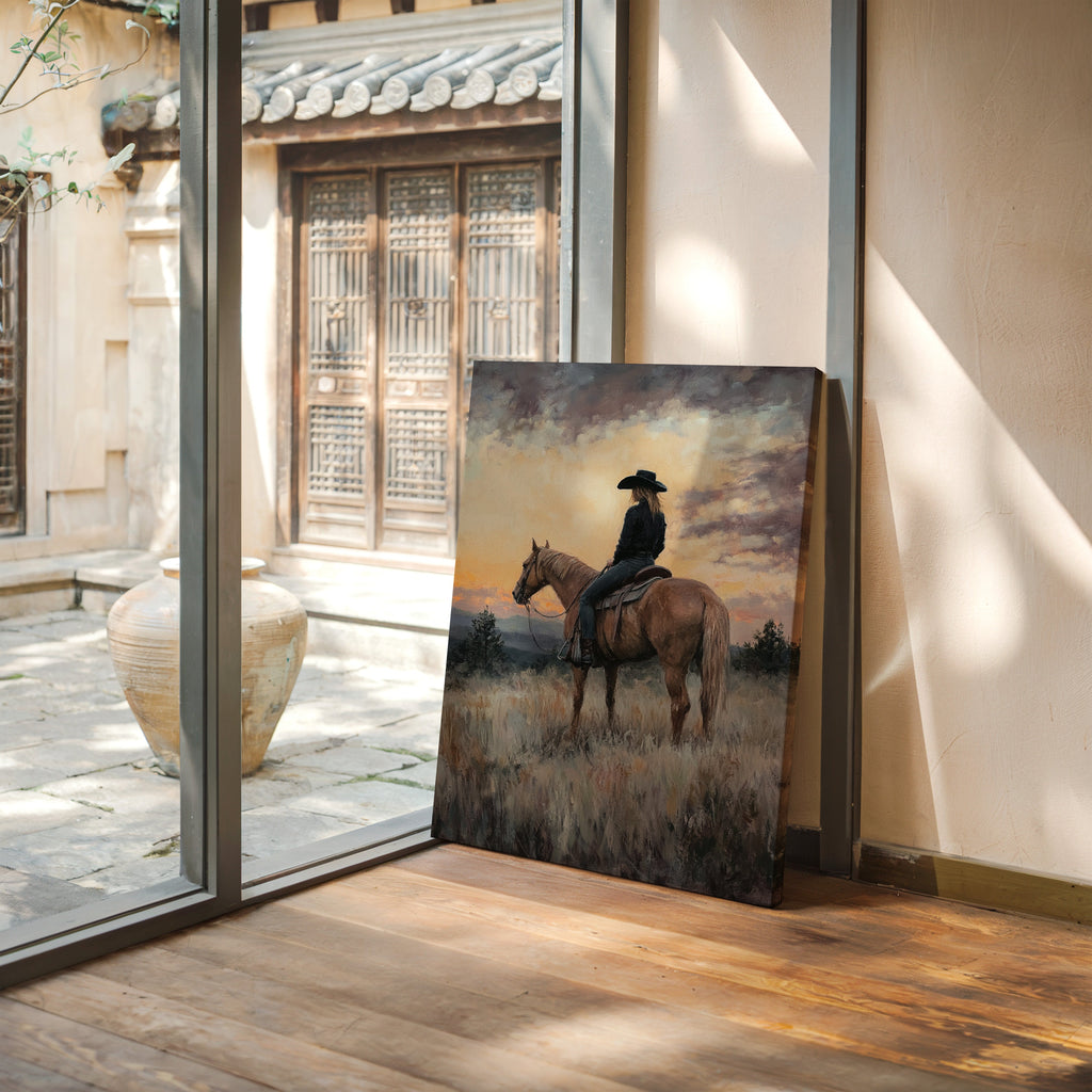 Evening Watch – Cowgirl and Horse at Sunset