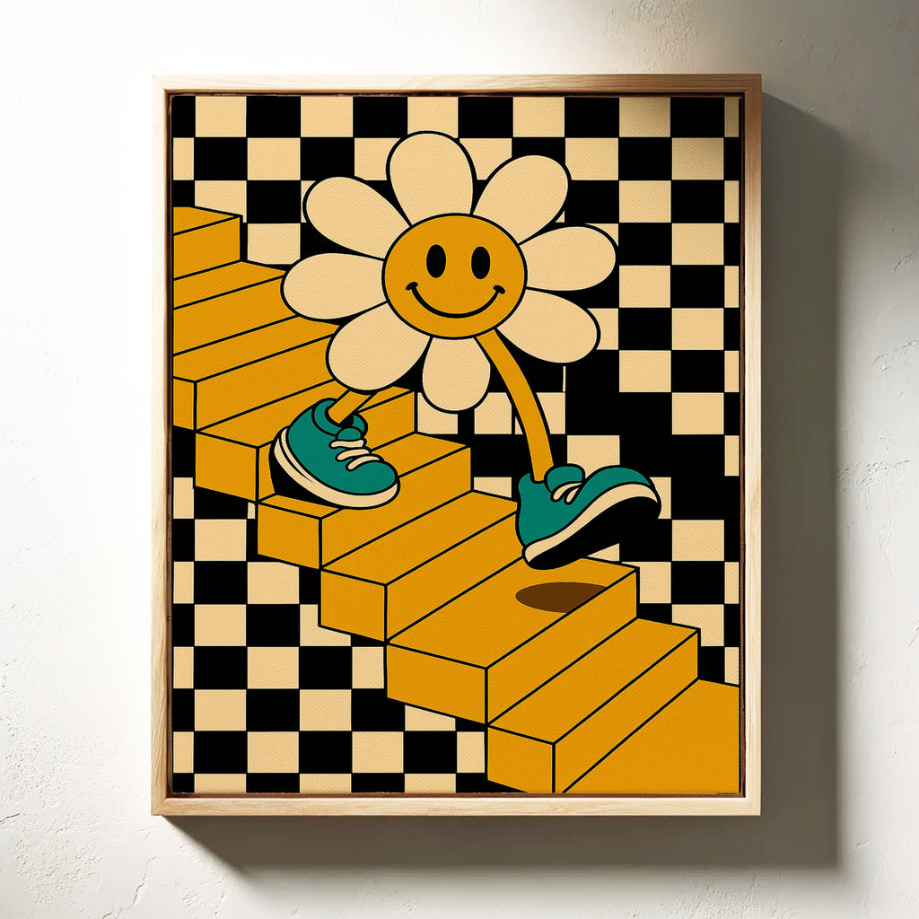 Groovy Daisy Vibes – Retro Checkerboard Flower Print