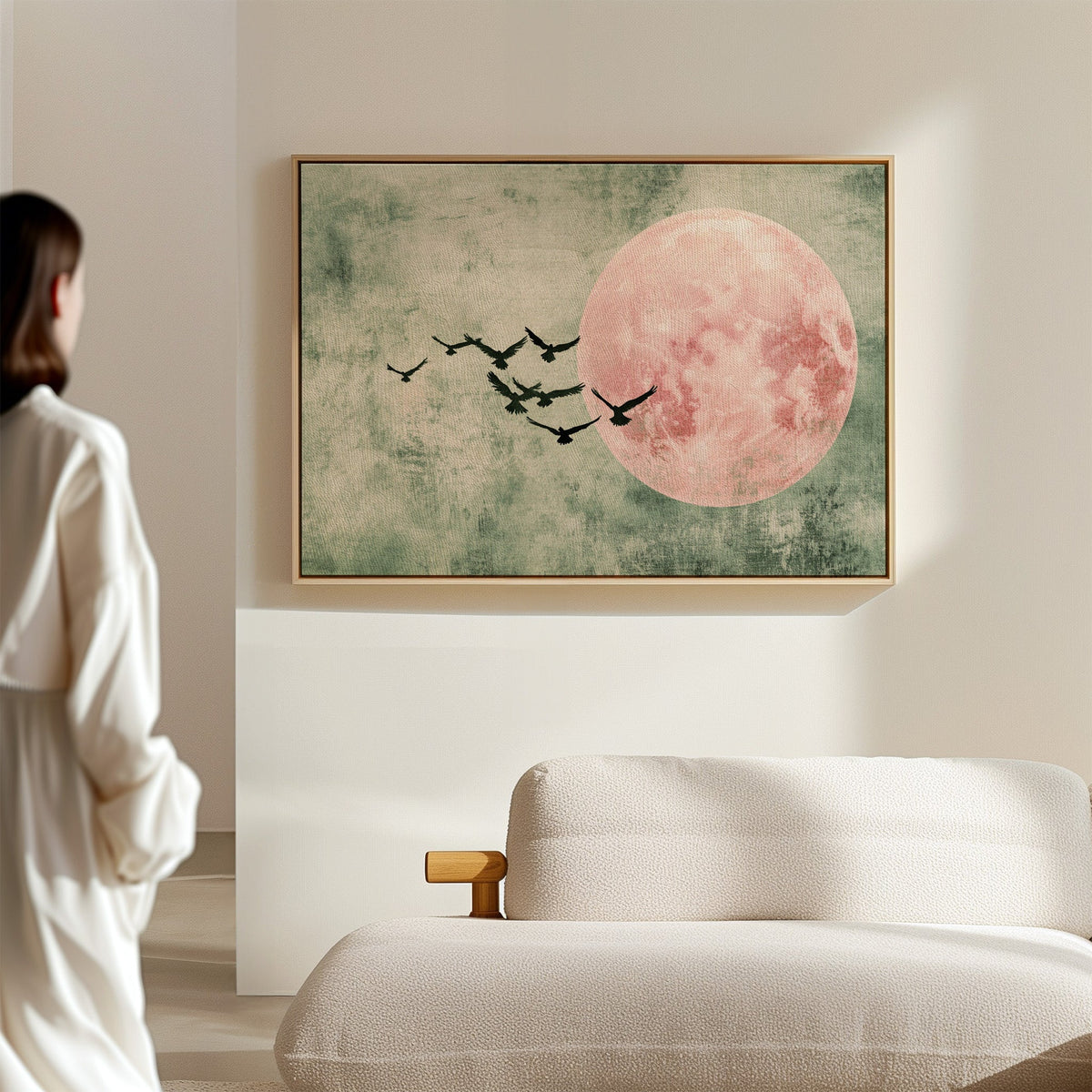 Pink Moon Wall Art – Minimalist Birds in Flight Print