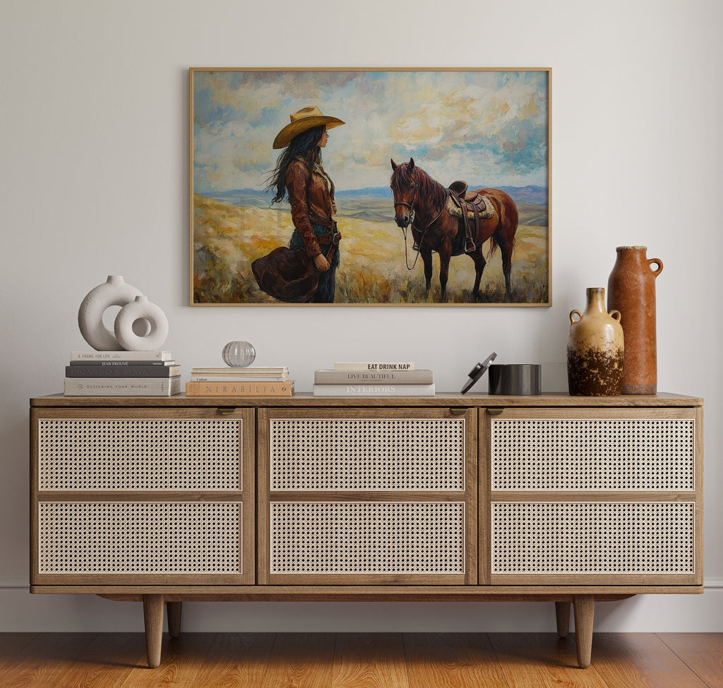 Cowgirl and Her Mustang on the Open Range