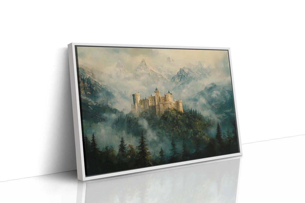 Misty Mountain Castle: Ethereal Fantasy Landscape Canvas Wall Art
