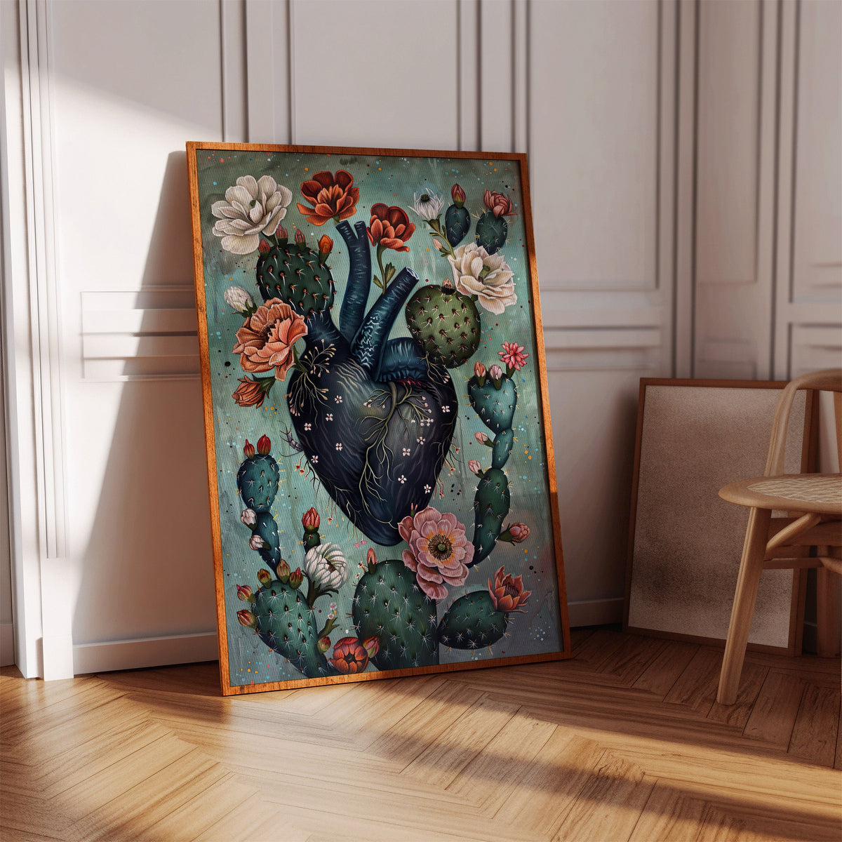 Cactus Heart Bloom – Surreal Botanical Art, Dark Floral Wall Decor