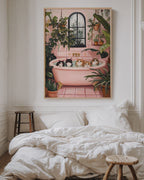 Cat Spa Day – Funny Cat Wall Art, Pink Bathtub Aesthetic, Cozy Home Decor