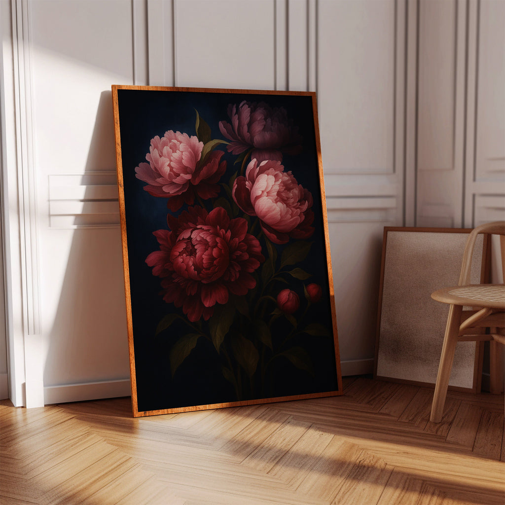 Crimson Peonies in Midnight Bloom