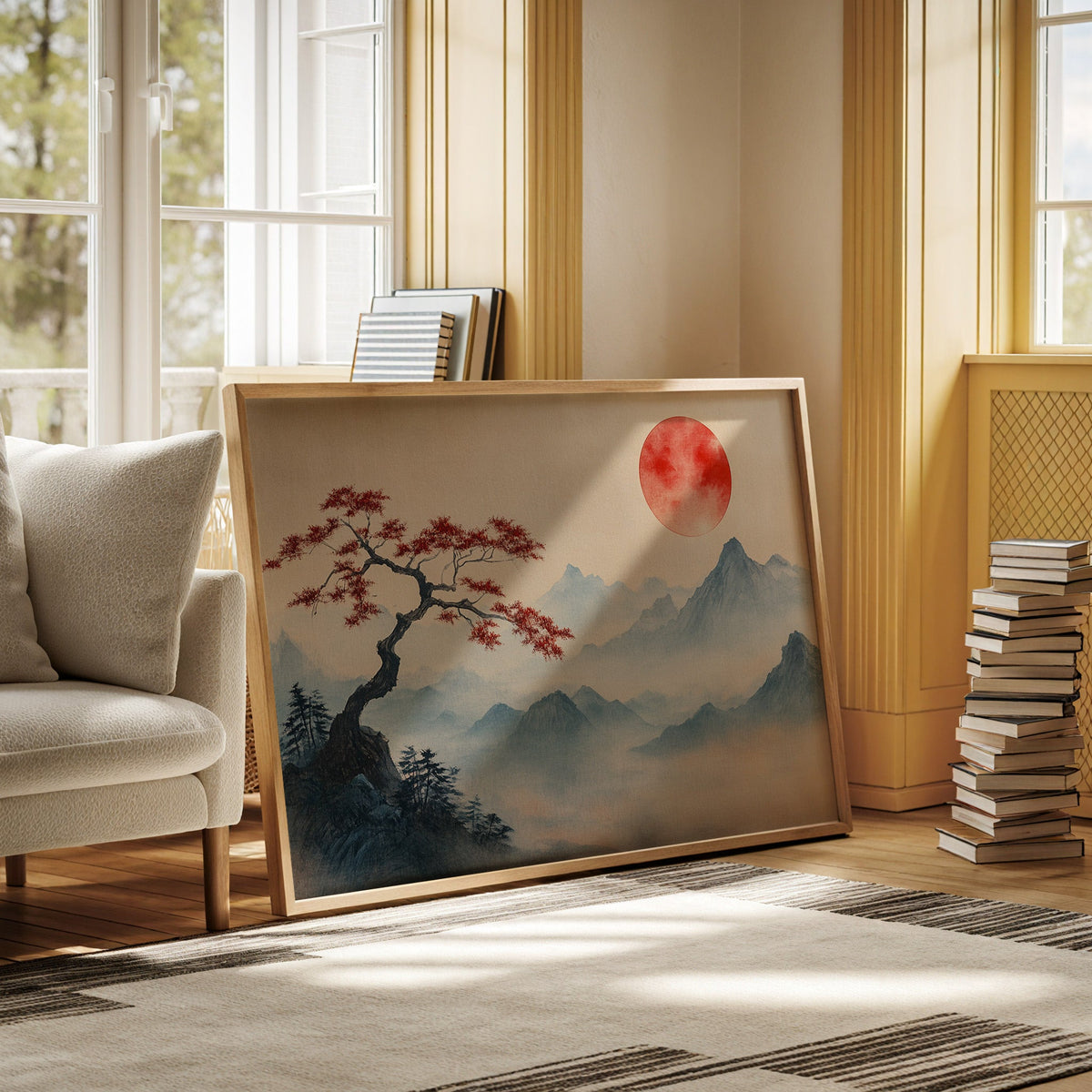 Japanese Landscape Wall Art – Red Sun and Bonsai Mountain Print