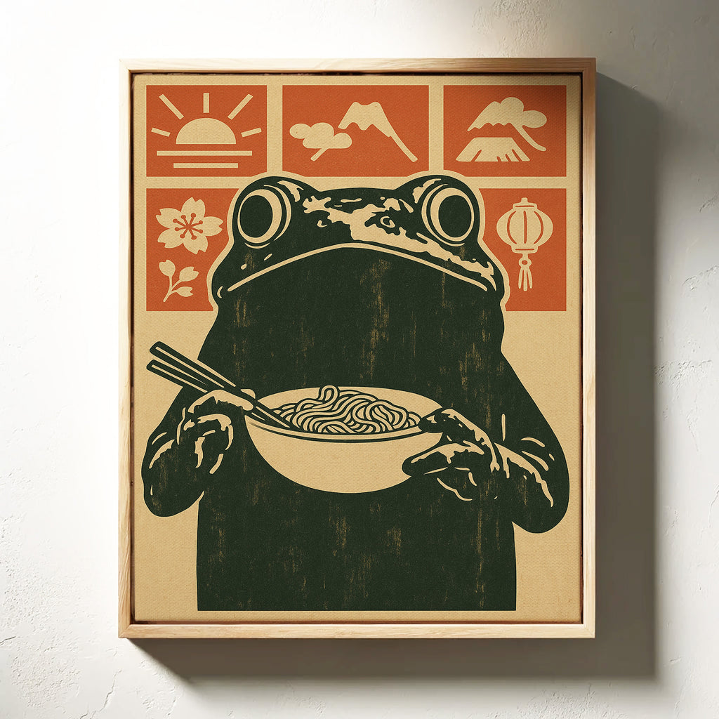 Ramen Frog in Retro Woodblock Style