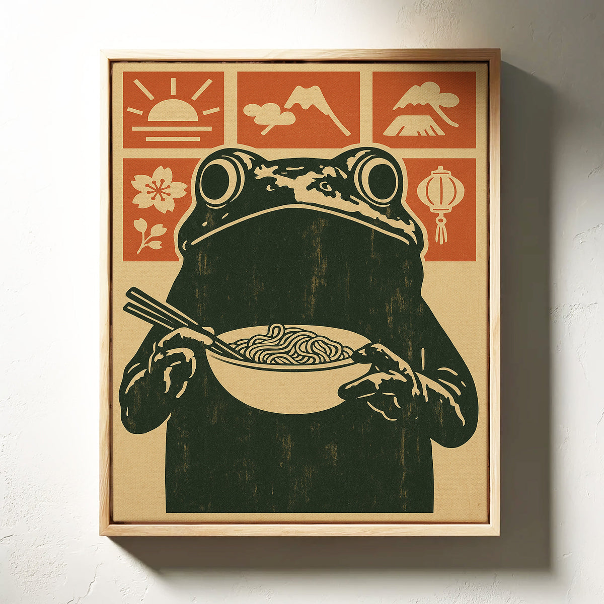 Ramen Frog in Retro Woodblock Style