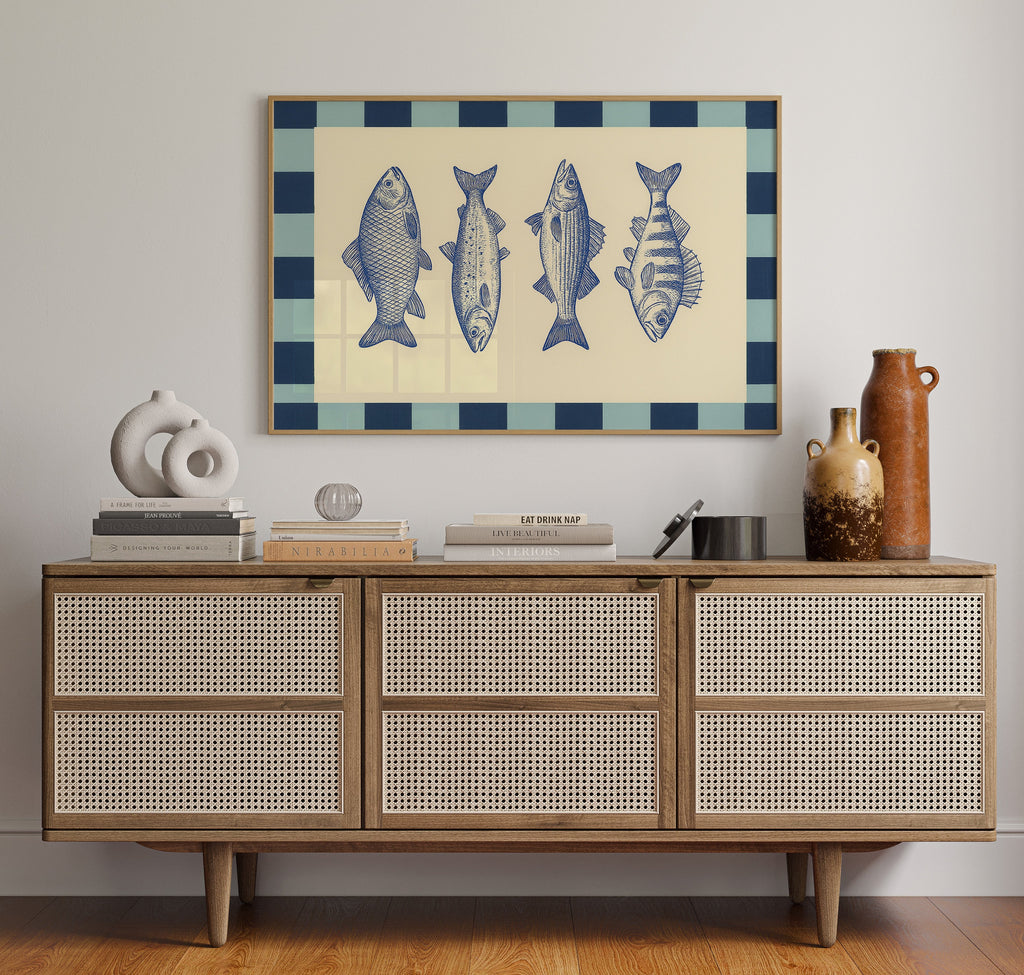 Vintage Fish Quartet on Checkerboard Blue