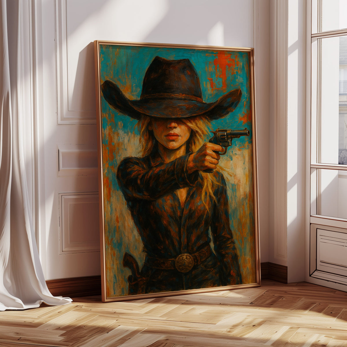 Western Grit: Cowgirl With Revolver Canvas Art