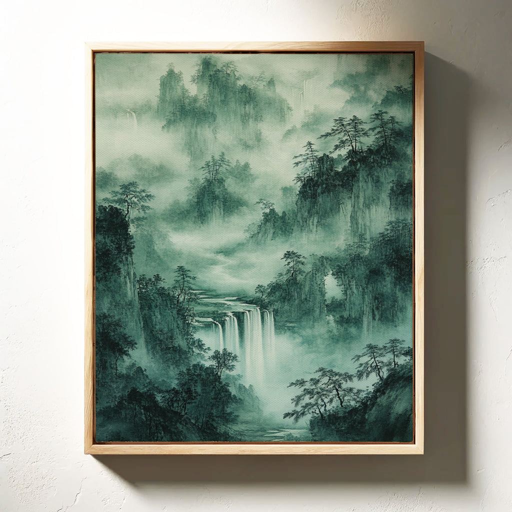 Serene Waterfall Landscape – Traditional Japanese Ink Wash Painting