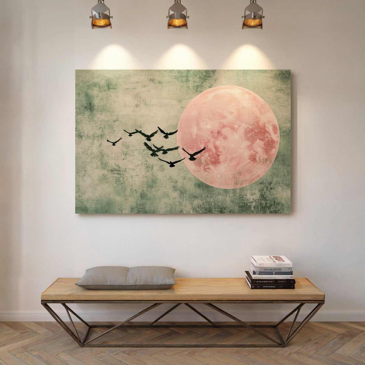 Pink Moon Wall Art – Minimalist Birds in Flight Print