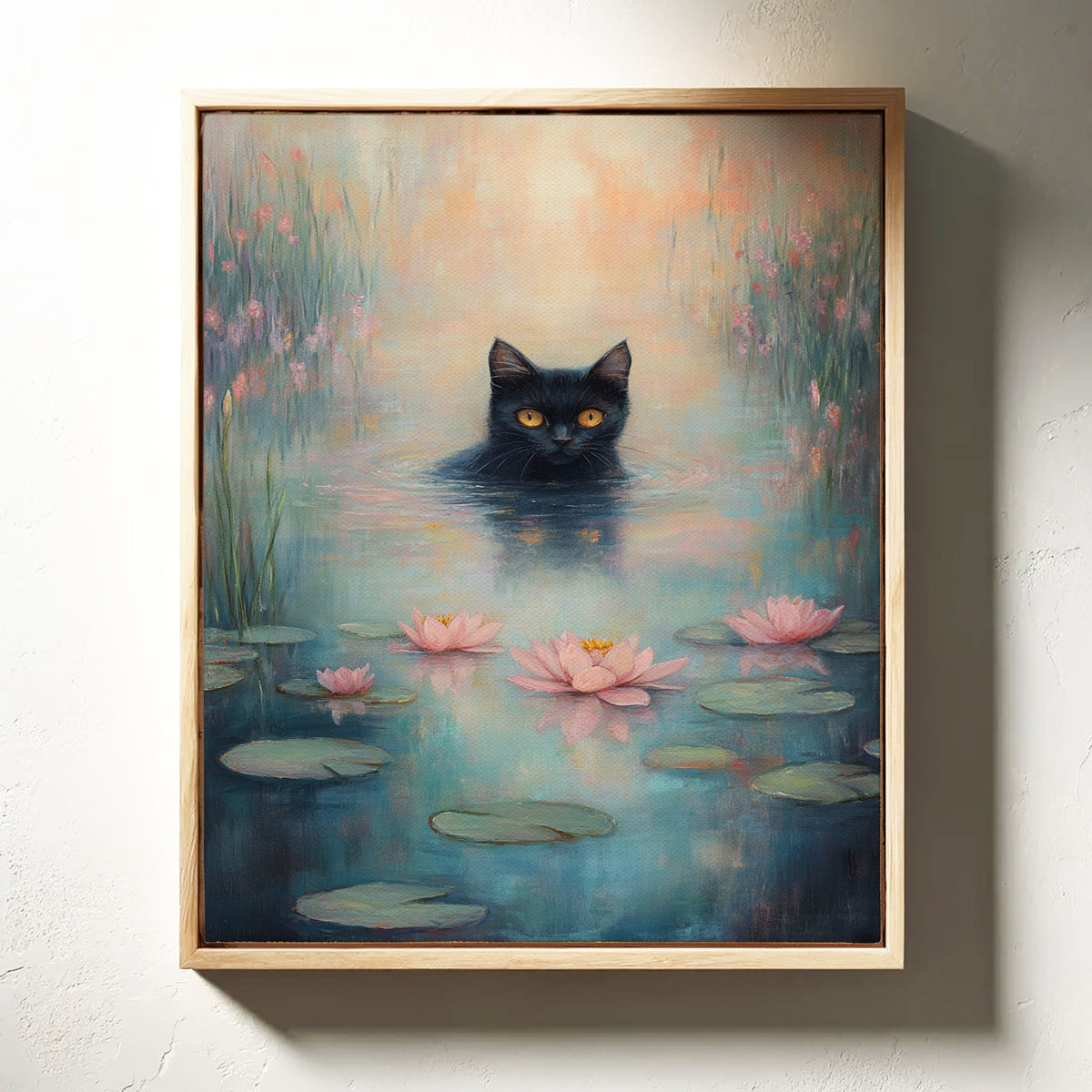 Mystical Black Cat in Water – Dreamy Water Lily Painting