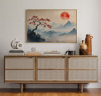 Japanese Landscape Wall Art – Red Sun and Bonsai Mountain Print