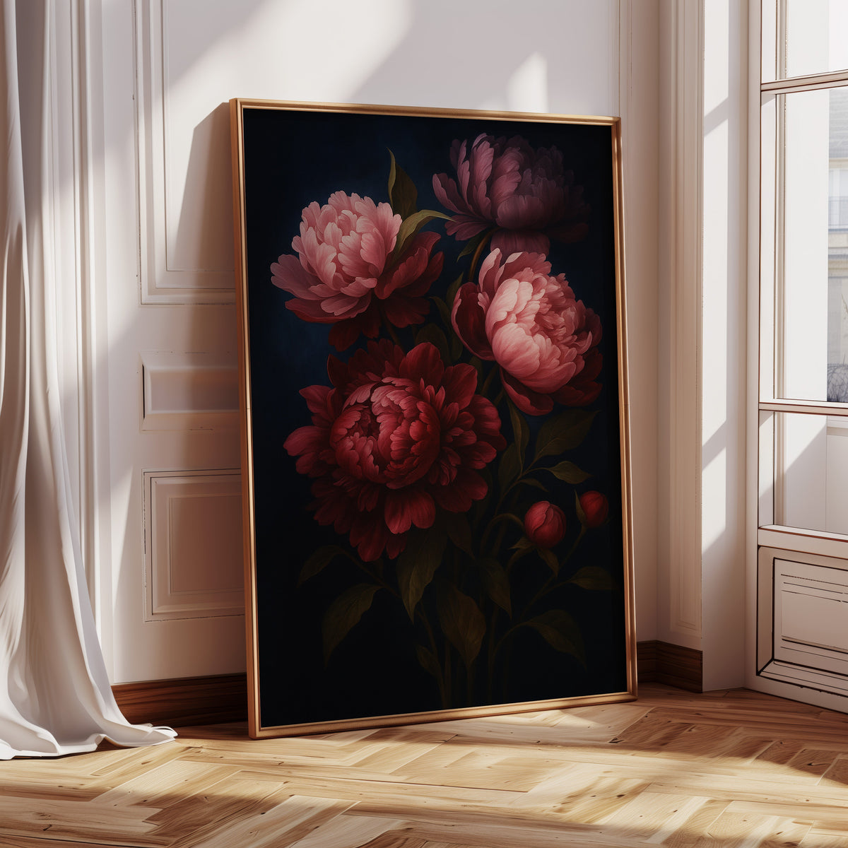 Crimson Peonies in Midnight Bloom