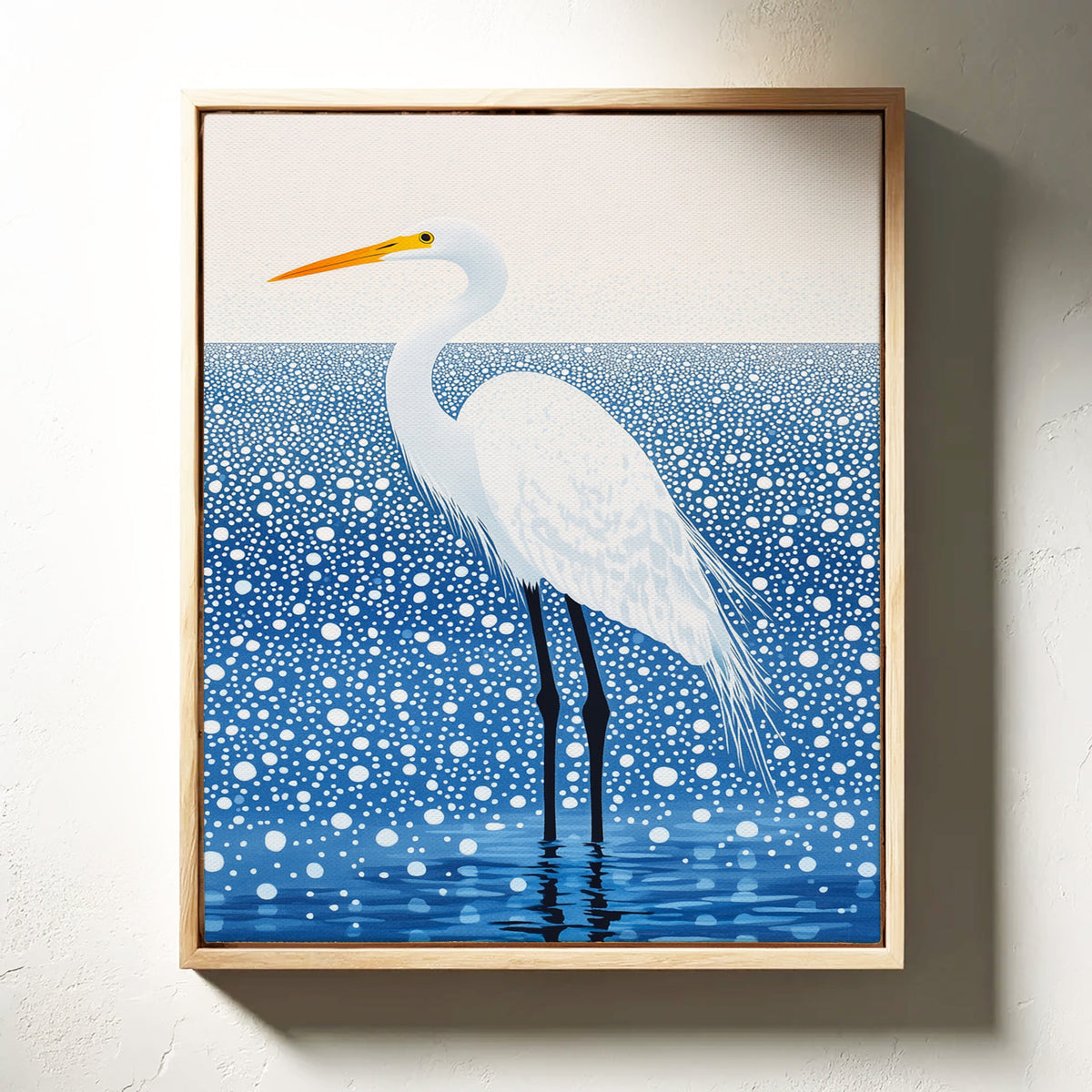 White Egret in Snowfall – Elegant Minimalist Bird Wall Art