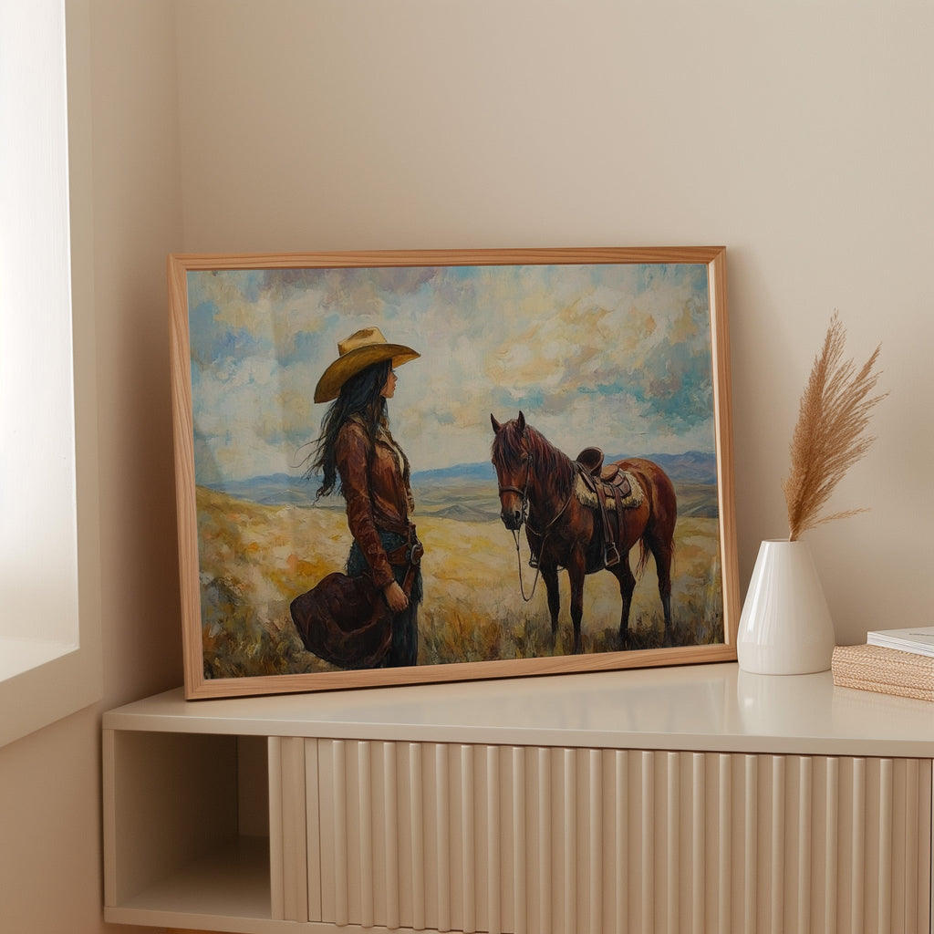 Cowgirl and Her Mustang on the Open Range