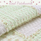Sweet Peach Pink Floral Ruffle Scalloped Real Patchwork Cotton Reversible Quilt Bedding Set