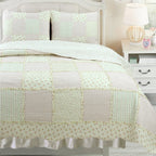 Sweet Peach Pink Floral Ruffle Scalloped Real Patchwork Cotton Reversible Quilt Bedding Set