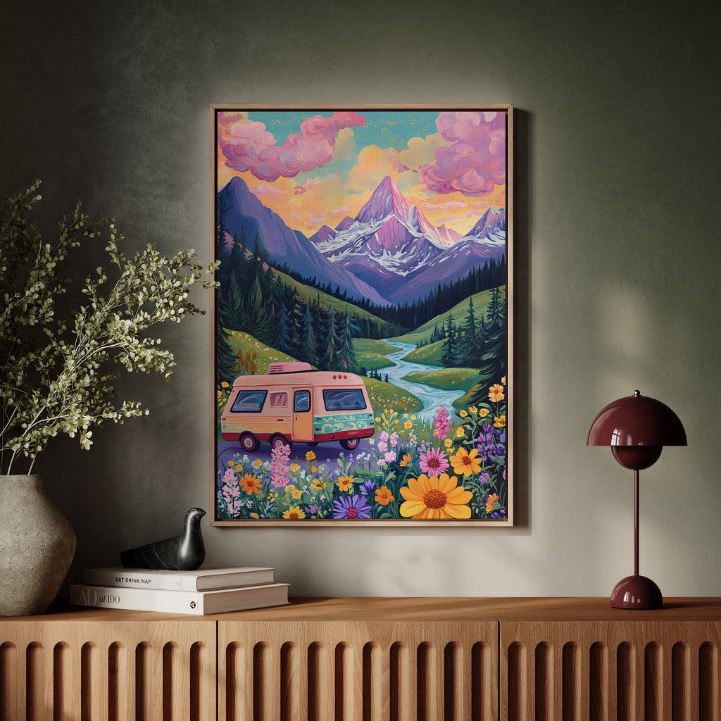 Vibrant Camper Van Landscape Canvas Art