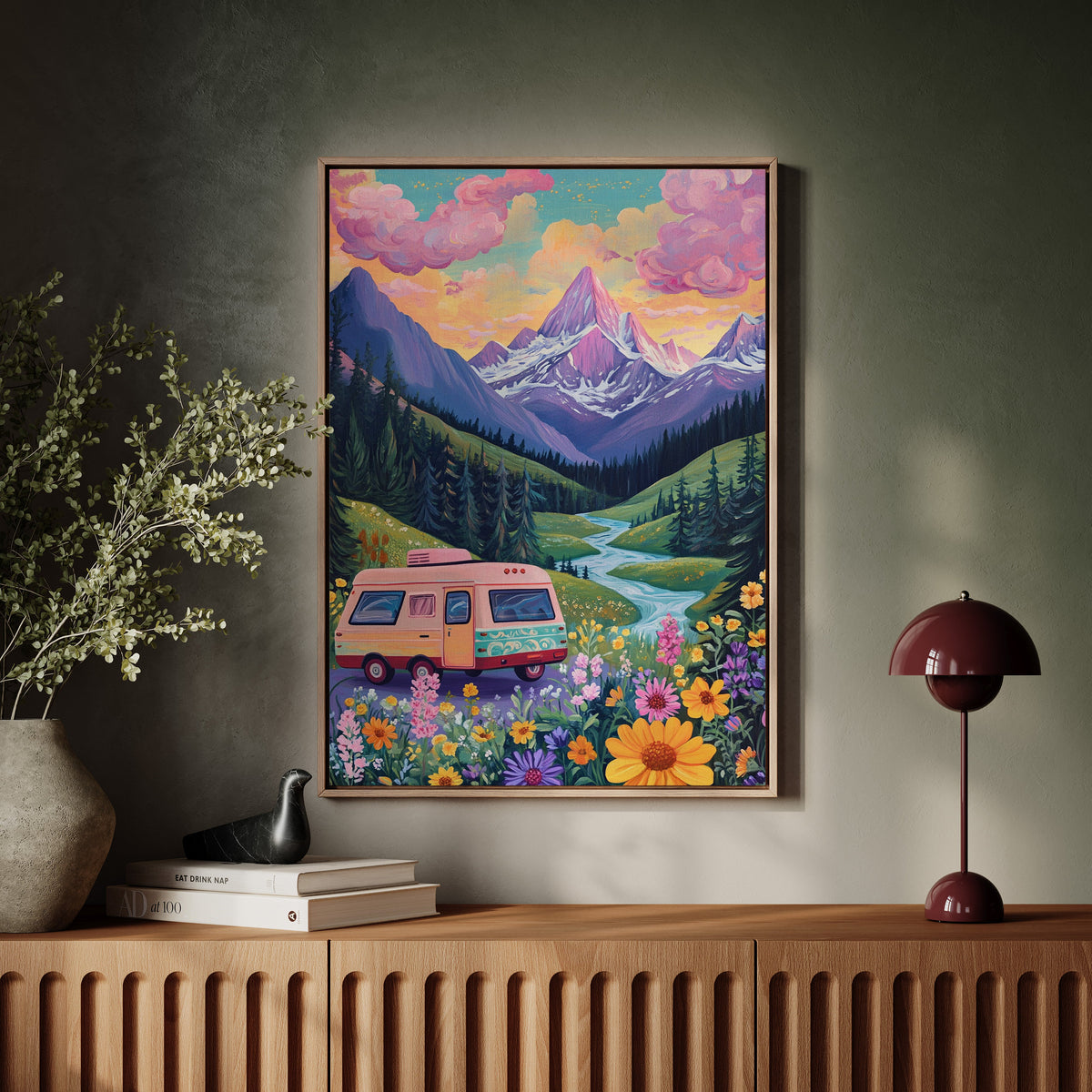 Vibrant Camper Van Landscape Canvas Art