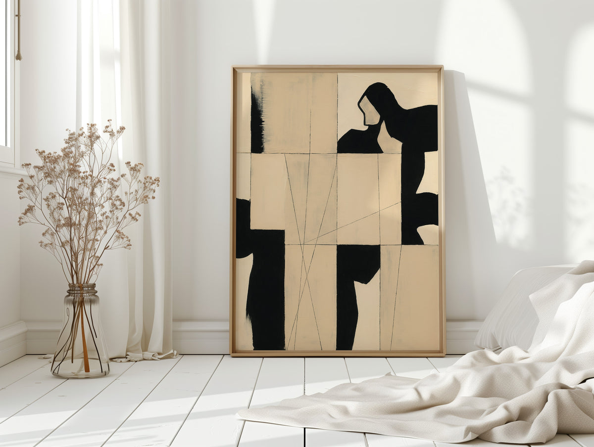 Modern Abstract Geometric Art Print in Black and Beige