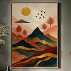 Golden Sun Over Vibrant Mountain Landscape Art Print